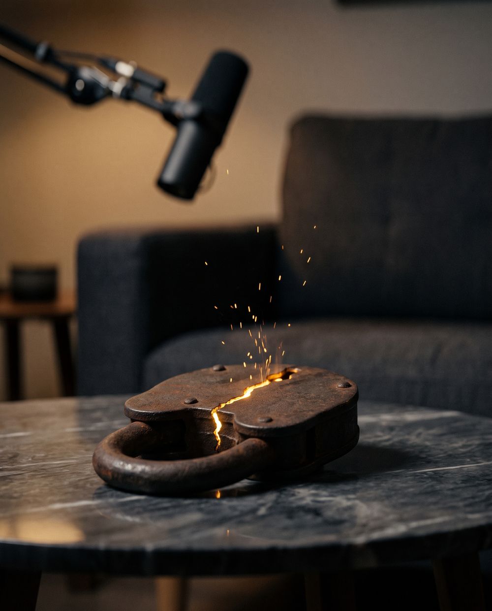 A heavy iron padlock cracked open on the studio table, gold light spilling out of the break.